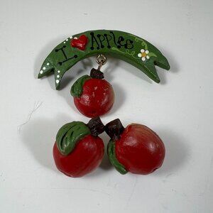 I Love Apples Hand-Painted Wooden Pin Brooch With Dangling Apples